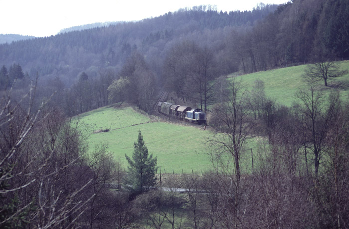 Bereits wieder im Wiehltal: Der Güterzug zwischen Denklingen und Brüchermühle.